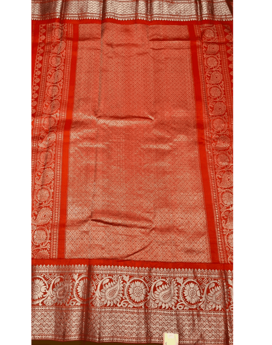 Bottle Green Handwoven Gadwal Silk Saree with Orange Kuttu Border