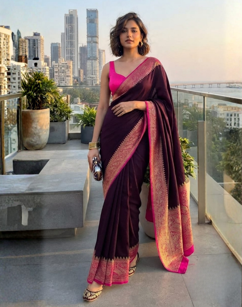 Coffee brown pure Banarasi Khaddi crepe silk saree with vibrant pink border