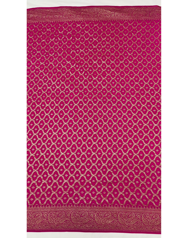 Coffee brown pure Banarasi Khaddi crepe silk saree with vibrant pink border