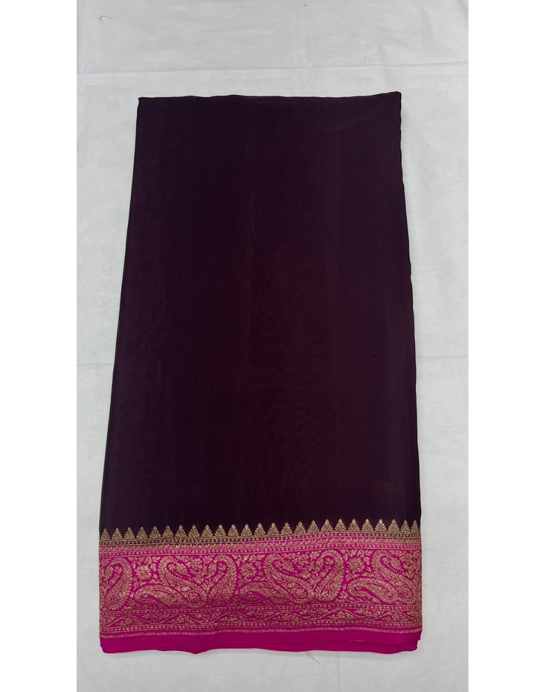 Coffee brown pure Banarasi Khaddi crepe silk saree with vibrant pink border