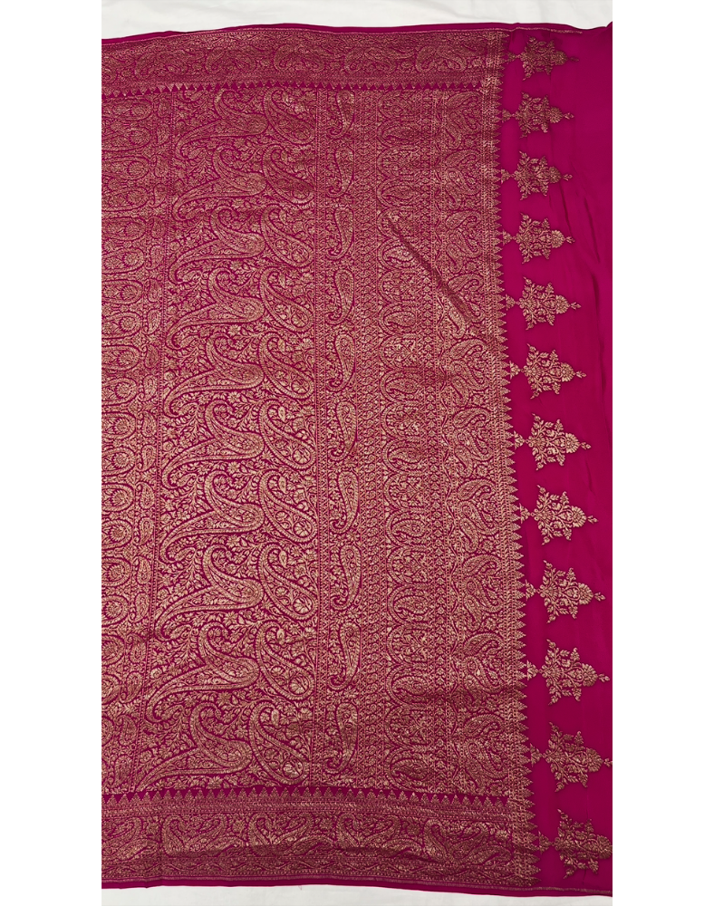 Coffee brown pure Banarasi Khaddi crepe silk saree with vibrant pink border