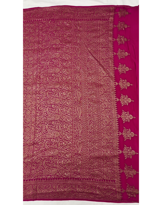 Coffee brown pure Banarasi Khaddi crepe silk saree with vibrant pink border