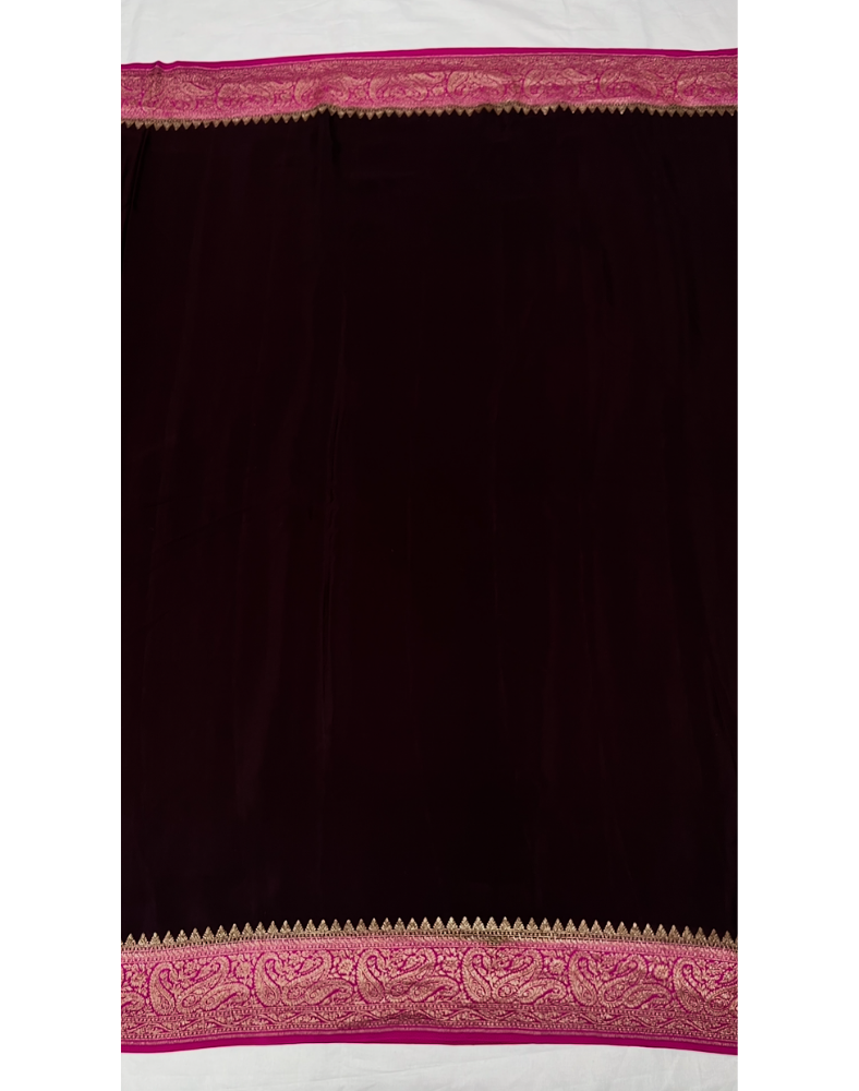 Coffee brown pure Banarasi Khaddi crepe silk saree with vibrant pink border