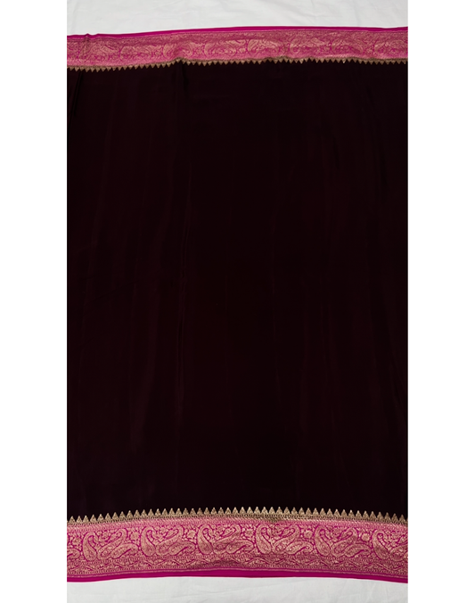 Coffee brown pure Banarasi Khaddi crepe silk saree with vibrant pink border