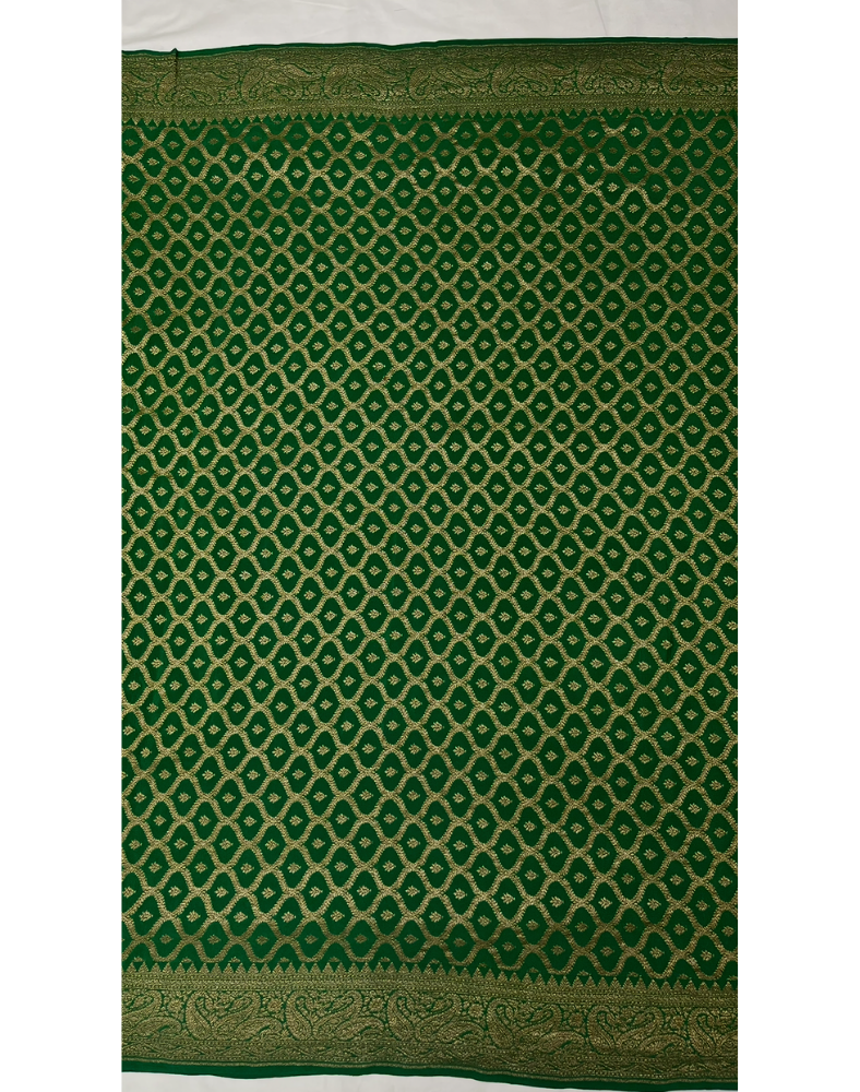 Black pure Banarasi Khaddi crepe silk saree with forest green border