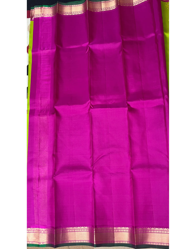 Parrot Green Kanchipuram Silk Saree with Contrast Pink Border
