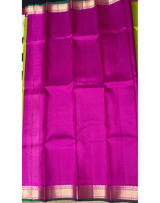 Parrot Green Kanchipuram Silk Saree with Contrast Pink Border
