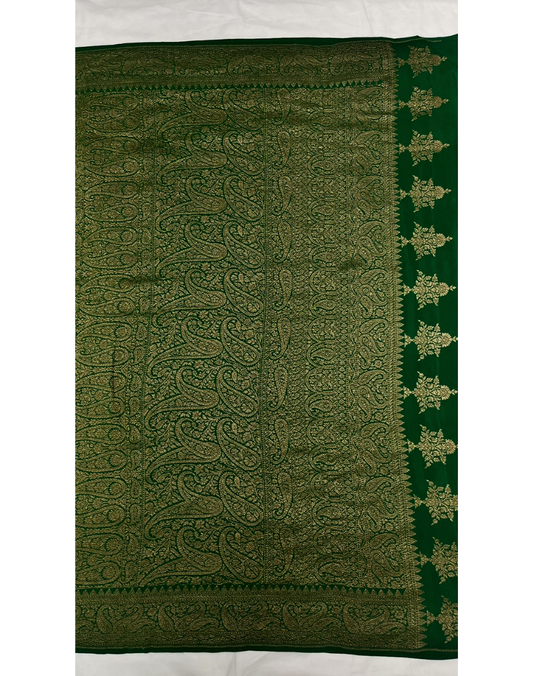 Black pure Banarasi Khaddi crepe silk saree with forest green border
