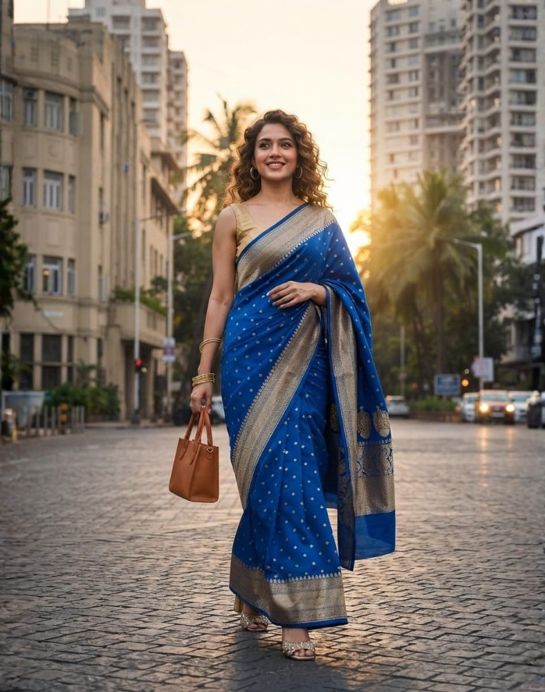 Classic blue pure Banarasi Khaddi crepe silk saree