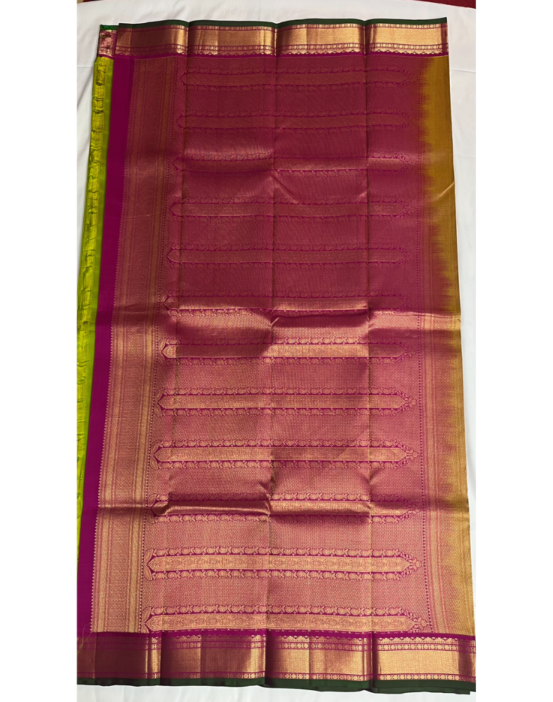 Parrot Green Kanchipuram Silk Saree with Contrast Pink Border