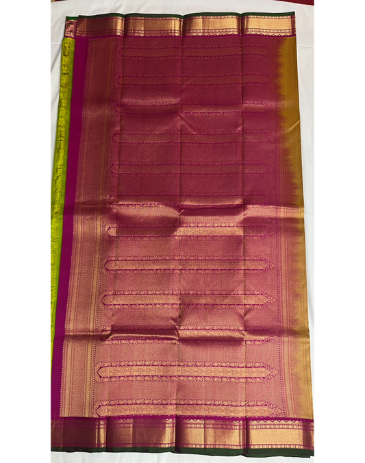 Parrot Green Kanchipuram Silk Saree with Contrast Pink Border