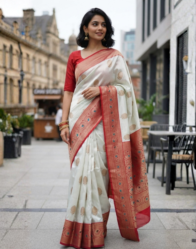 White pure Katan Banarasi silk saree with contrast red border