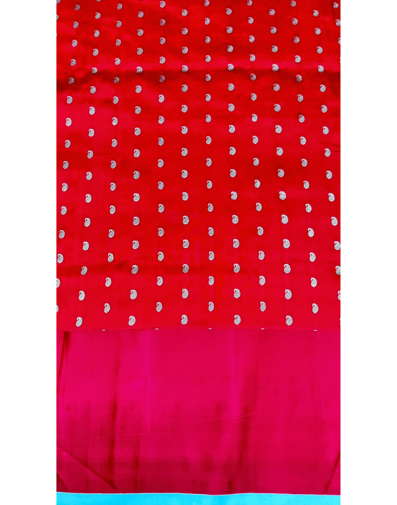 White pure Katan Banarasi silk saree with contrast red border