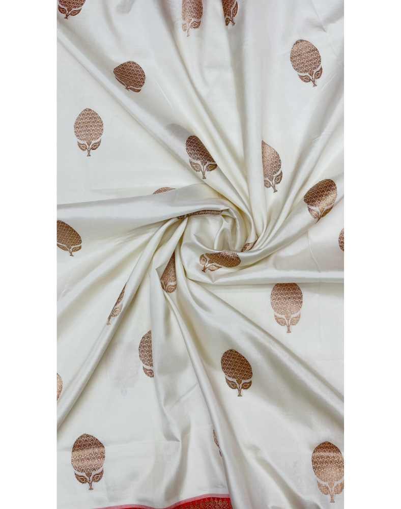 White pure Katan Banarasi silk saree with contrast red border
