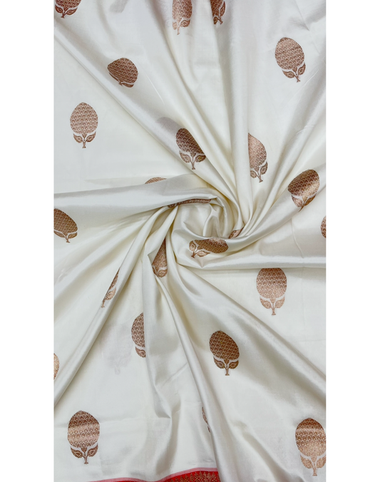 White pure Katan Banarasi silk saree with contrast red border