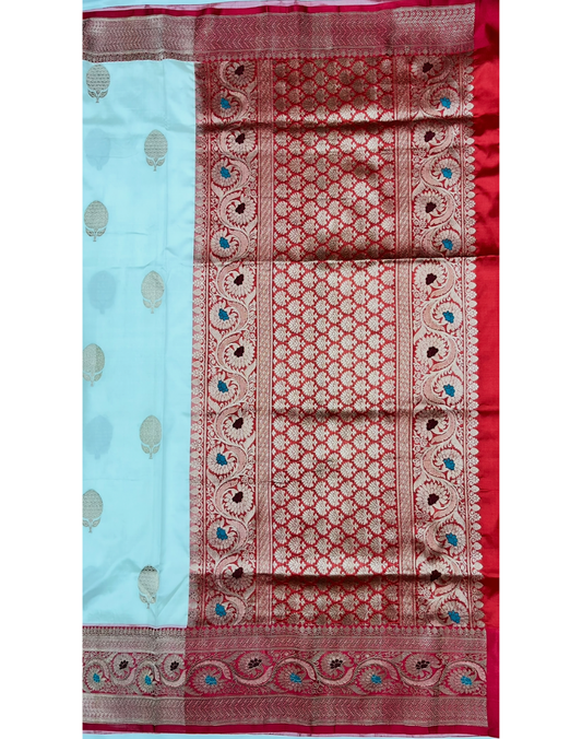 White pure Katan Banarasi silk saree with contrast red border
