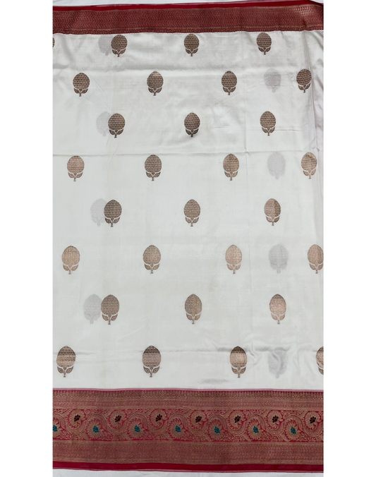 White pure Katan Banarasi silk saree with contrast red border