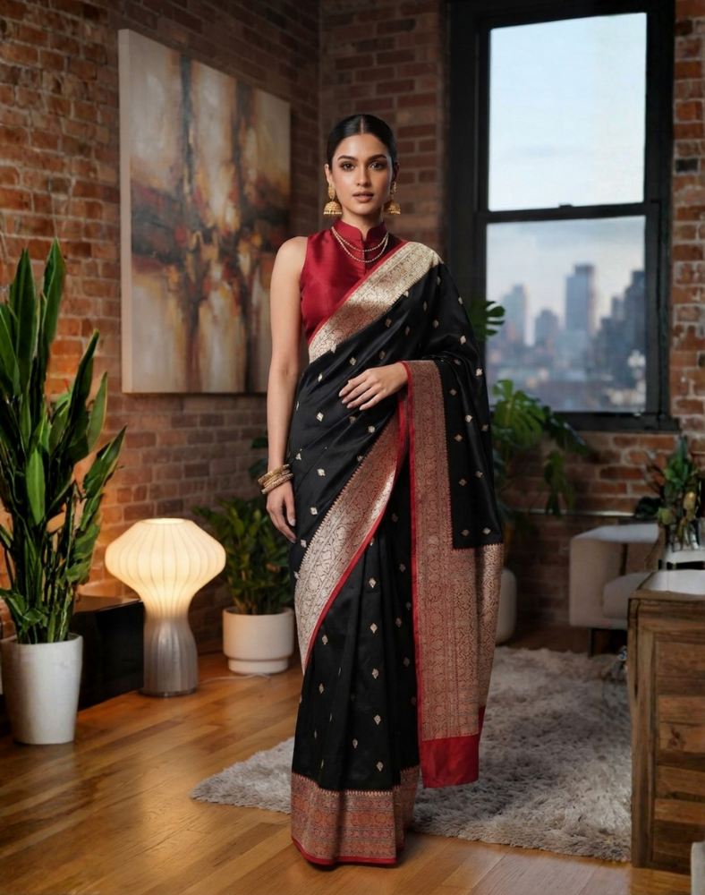 Black pure Katan Banarasi silk saree with red border