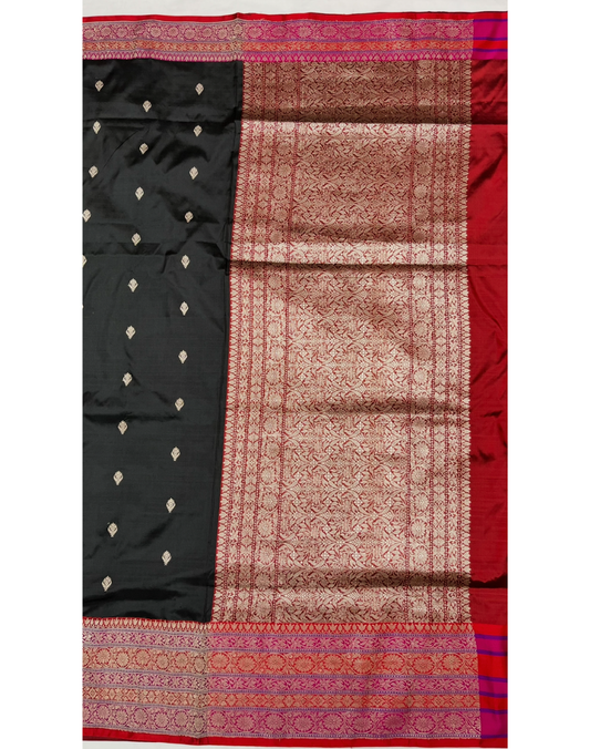 Black pure Katan Banarasi silk saree with red border