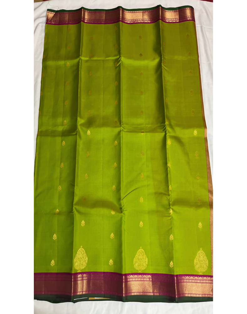 Parrot Green Kanchipuram Silk Saree with Contrast Pink Border