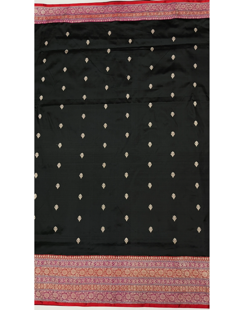 Black pure Katan Banarasi silk saree with red border