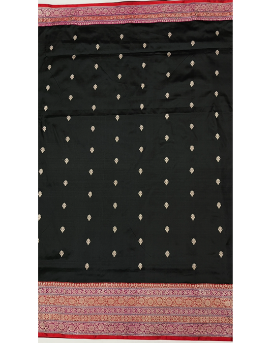 Black pure Katan Banarasi silk saree with red border