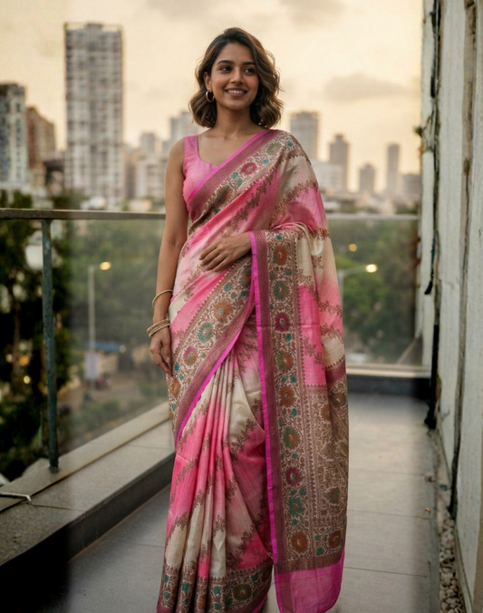 Beige Tussar silk saree with Jungla Rangkat-Meenakari weaving