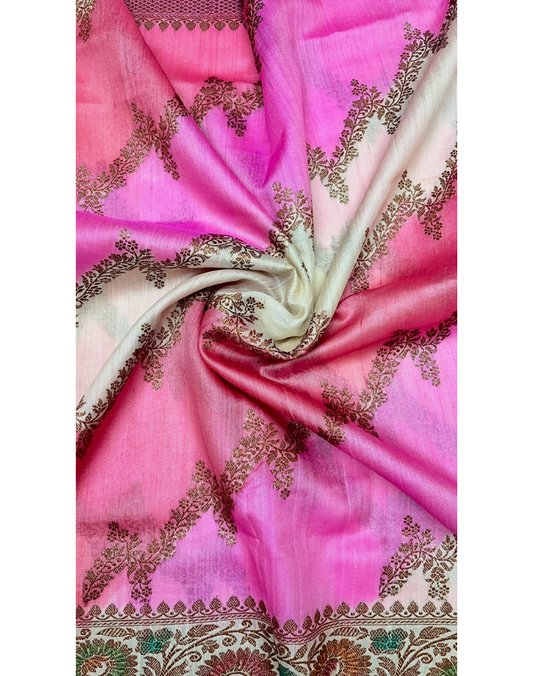 Beige Tussar silk saree with Jungla Rangkat-Meenakari weaving
