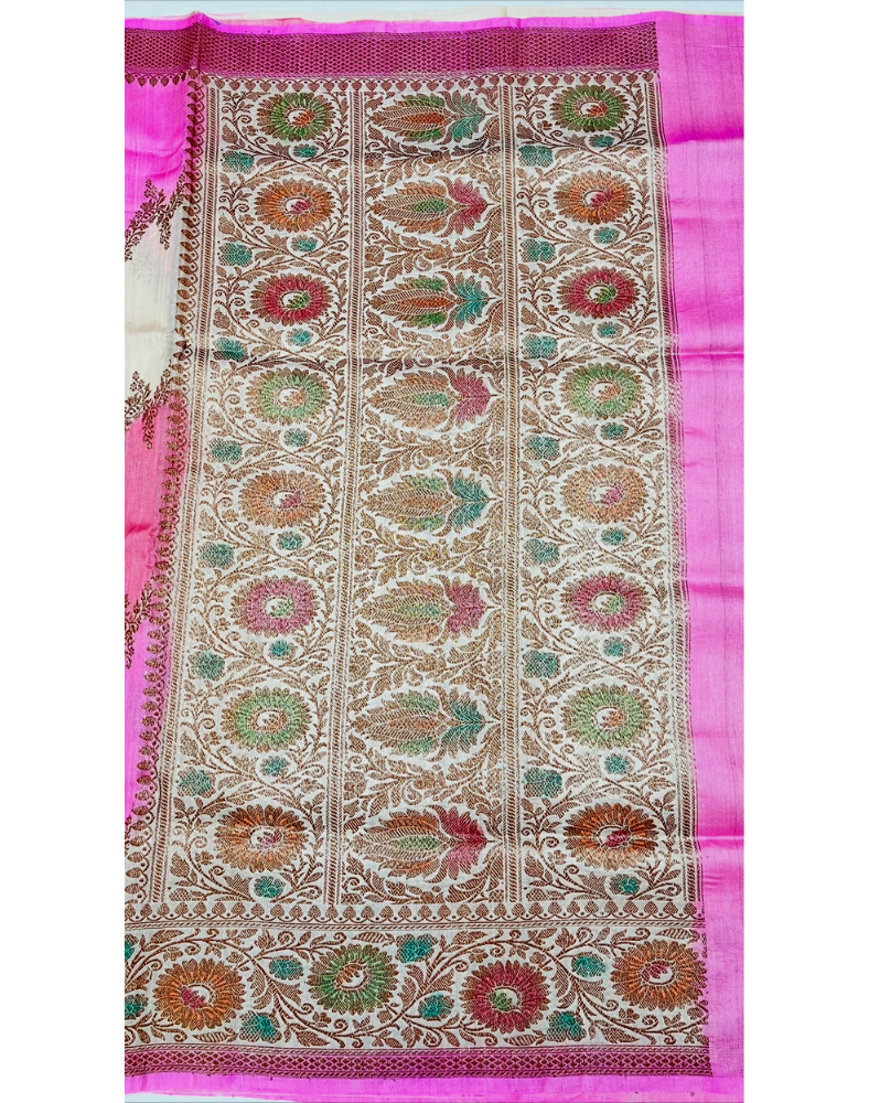 Beige Tussar silk saree with Jungla Rangkat-Meenakari weaving