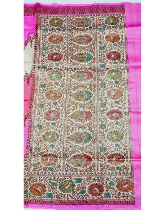Beige Tussar silk saree with Jungla Rangkat-Meenakari weaving