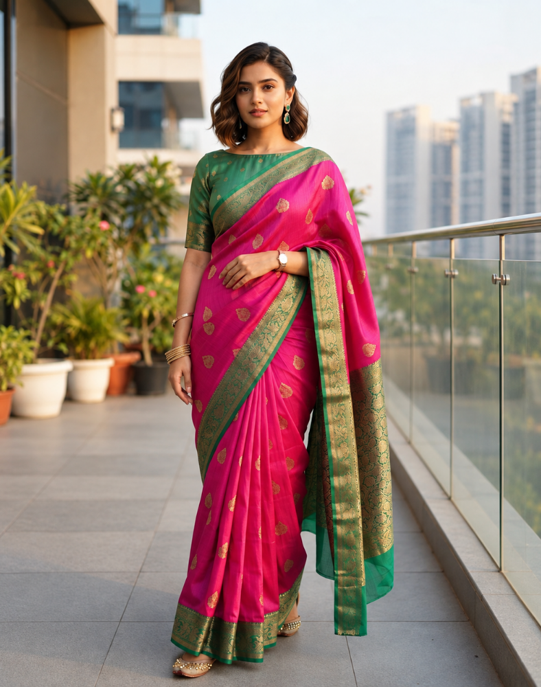 Magenta pink Tussar silk saree with green border
