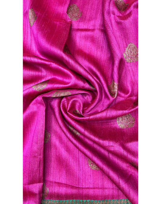 Magenta pink Tussar silk saree with green border