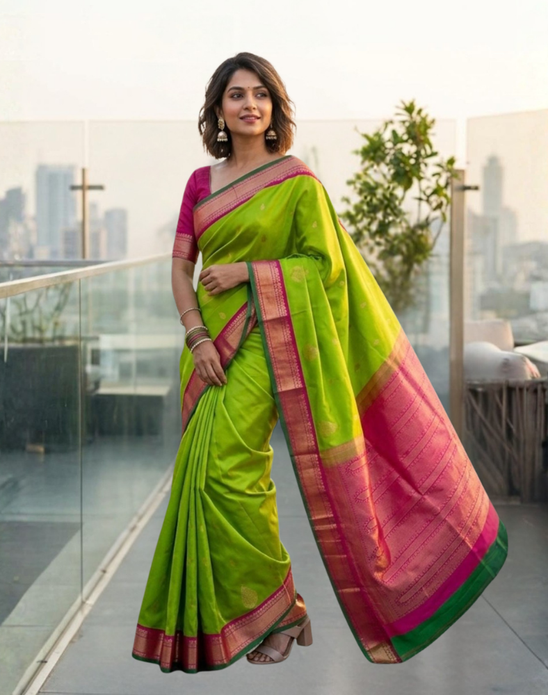 Parrot Green Kanchipuram Silk Saree with Contrast Pink Border