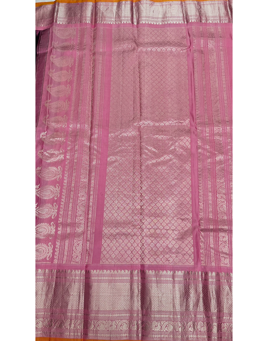 Black Handwoven Gadwal Silk Saree with Baby Pink Border and Striking Light Orange Piping