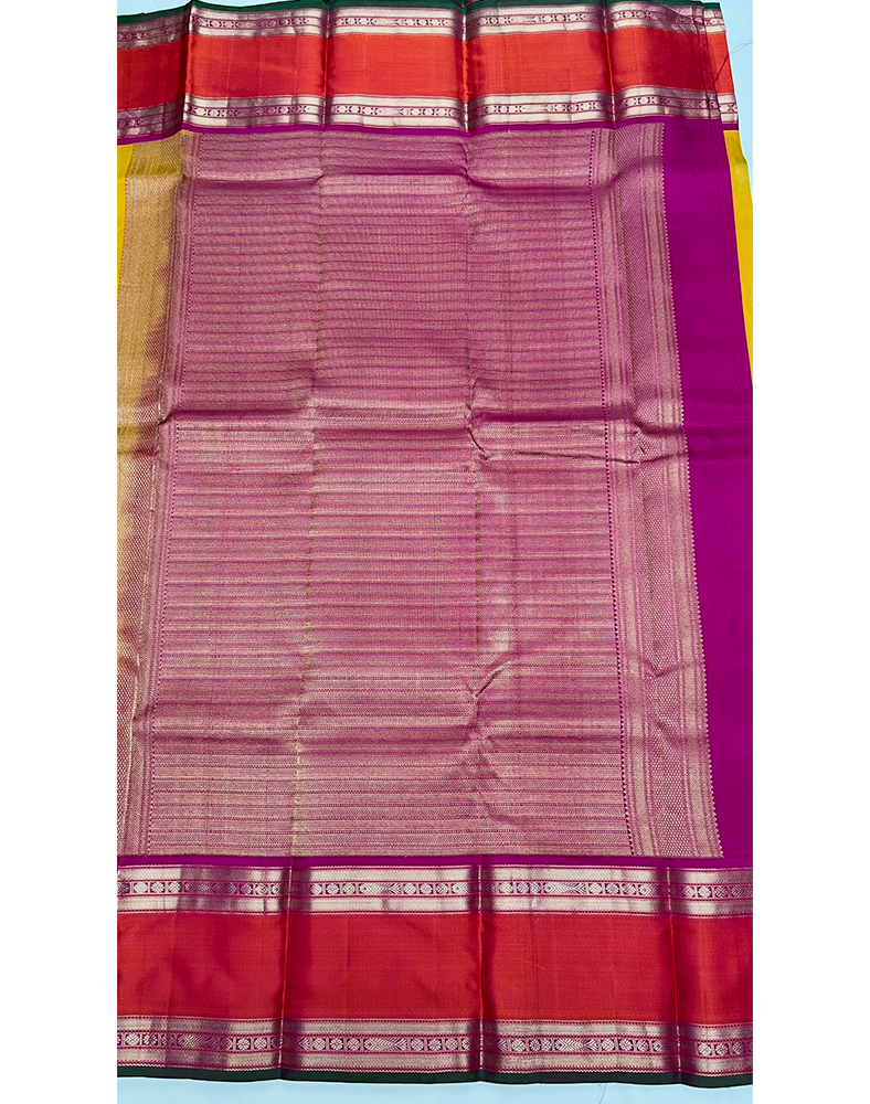 Mustard Yellow Kanchipuram Silk Saree with Contrast Orange and Pink Border