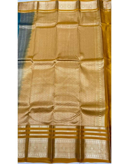 Turquoise Blue Kanchipuram Silk Saree with Contrast Mustard Yellow Border