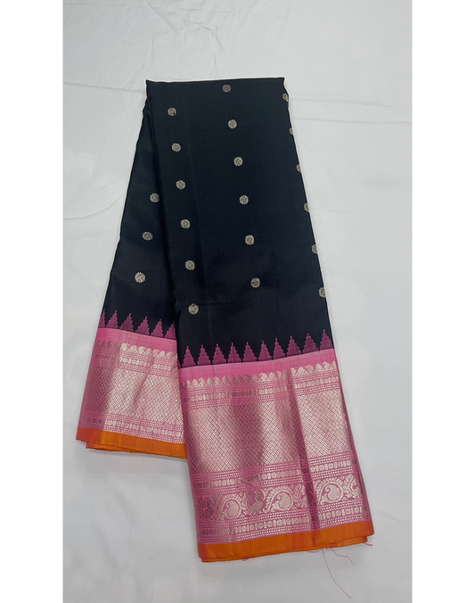 Black Handwoven Gadwal Silk Saree with Baby Pink Border and Striking Light Orange Piping