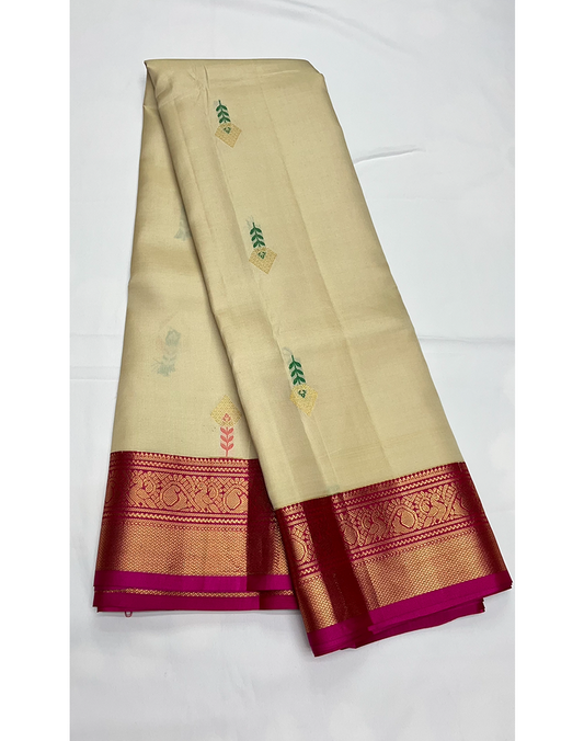 Off-White Kanchipuram Silk Saree with Contrast Dark Pink Border
