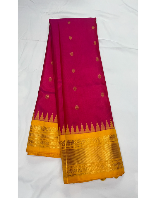 Rani Pink Handwoven Gadwal Silk Saree with Yellow Border