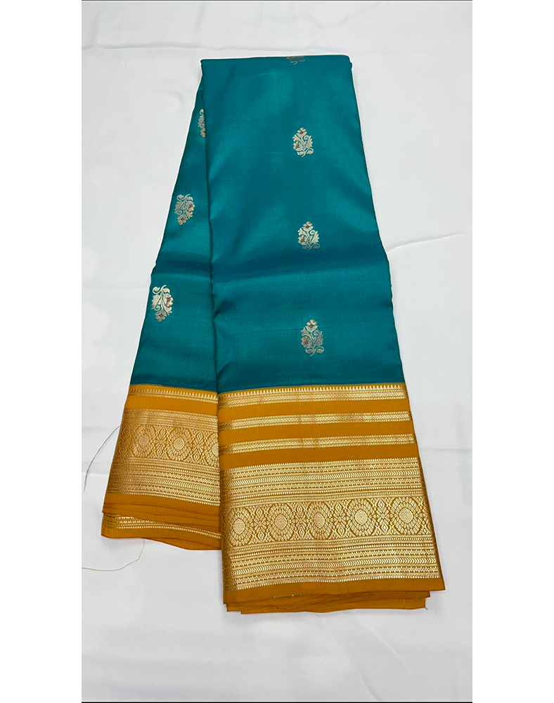 Turquoise Blue Kanchipuram Silk Saree with Contrast Mustard Yellow Border