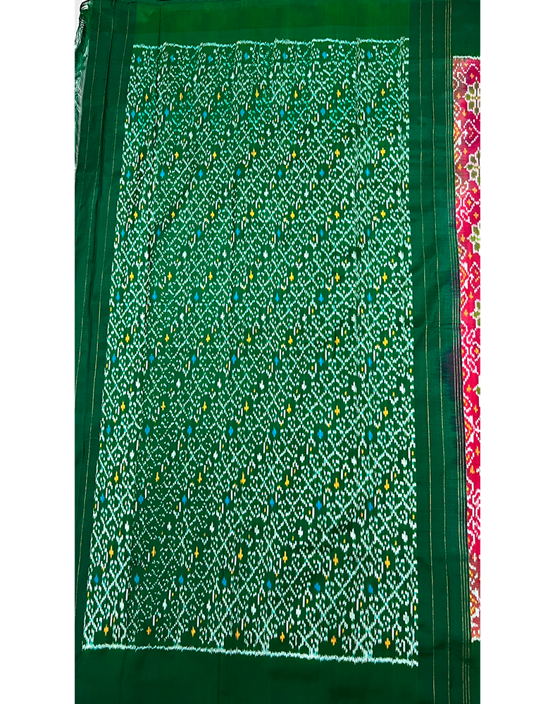 Magenta Pink Handwoven Ikat Silk Saree with Contrast Green Border