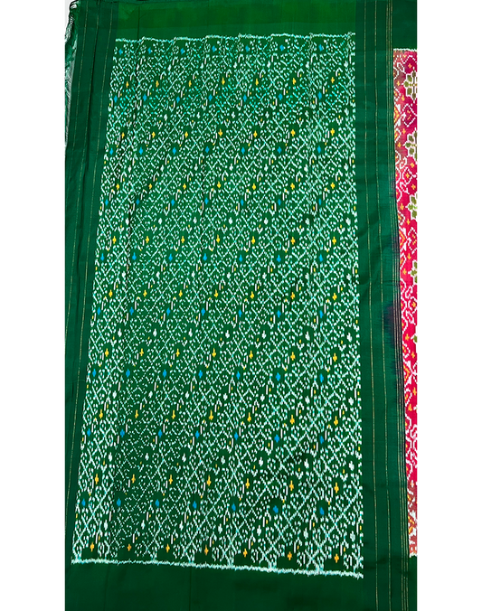 Magenta Pink Handwoven Ikat Silk Saree with Contrast Green Border