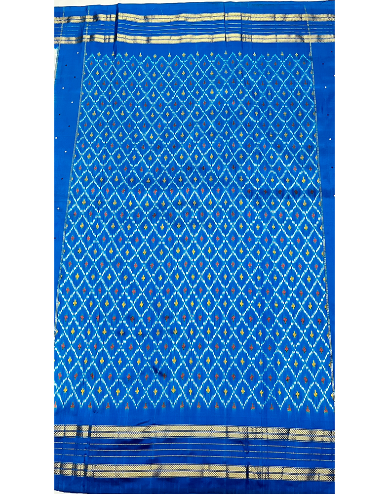 White Handwoven Ikat Silk Saree with Contrast Ocean Blue Kanchi Border