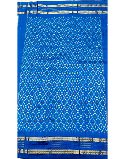 White Handwoven Ikat Silk Saree with Contrast Ocean Blue Kanchi Border