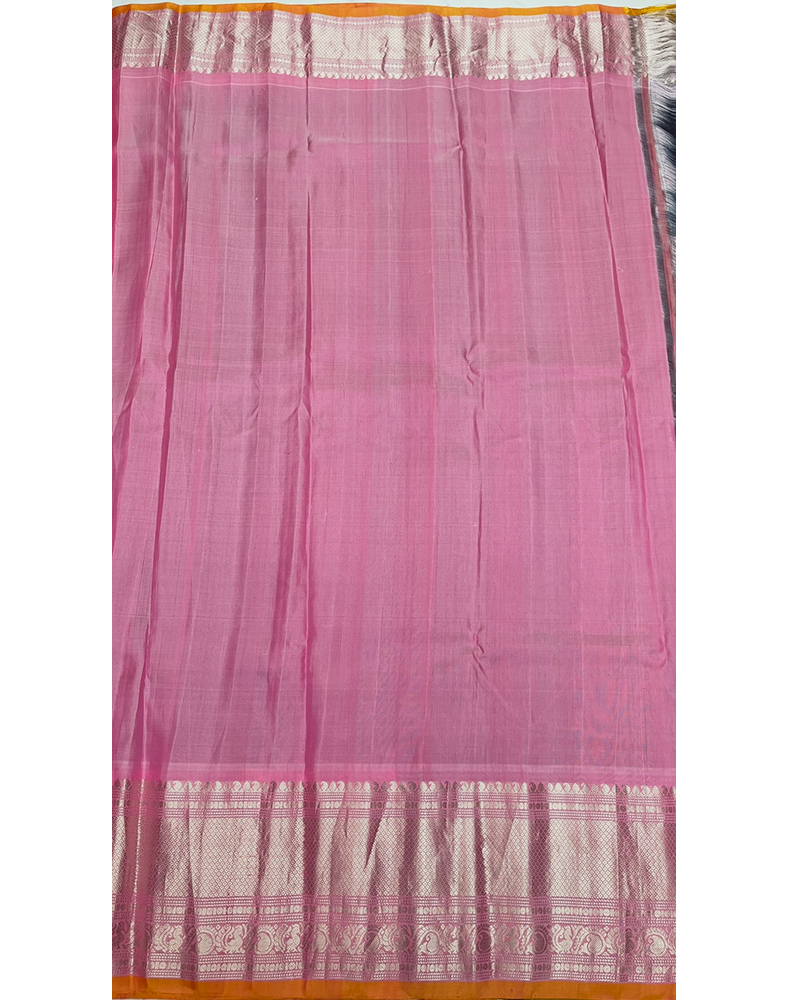 Black Handwoven Gadwal Silk Saree with Baby Pink Border and Striking Light Orange Piping