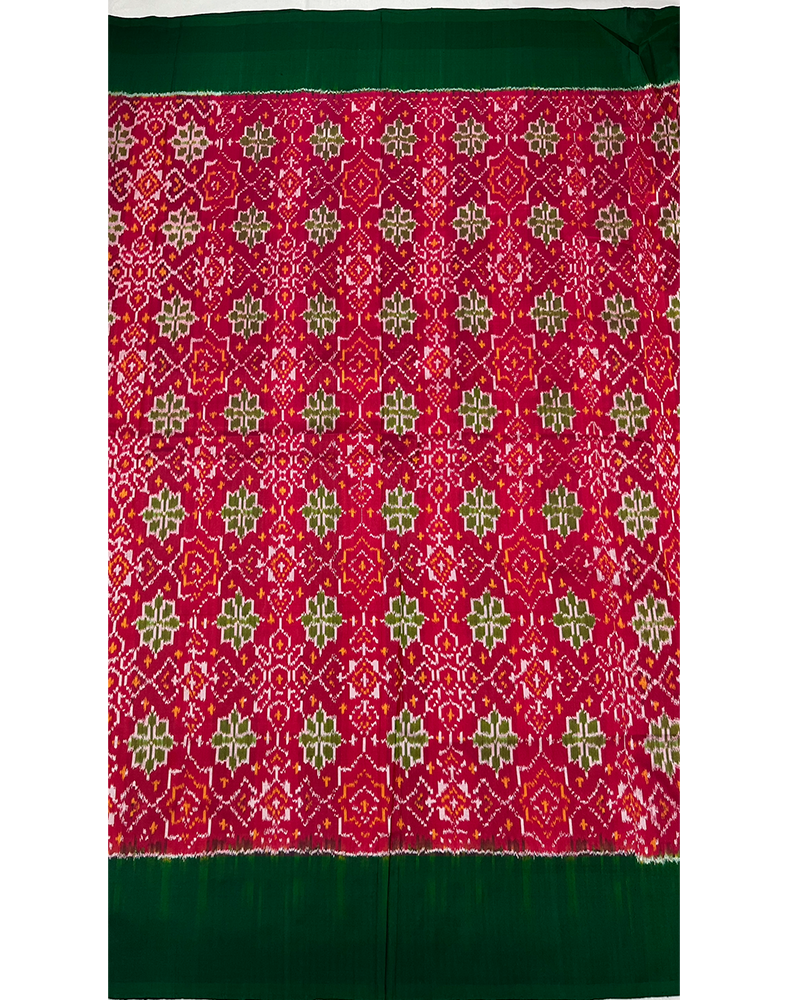 Magenta Pink Handwoven Ikat Silk Saree with Contrast Green Border