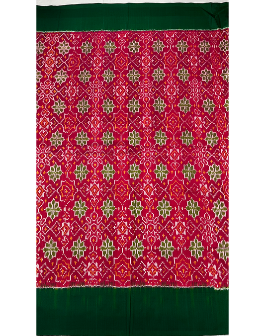 Magenta Pink Handwoven Ikat Silk Saree with Contrast Green Border
