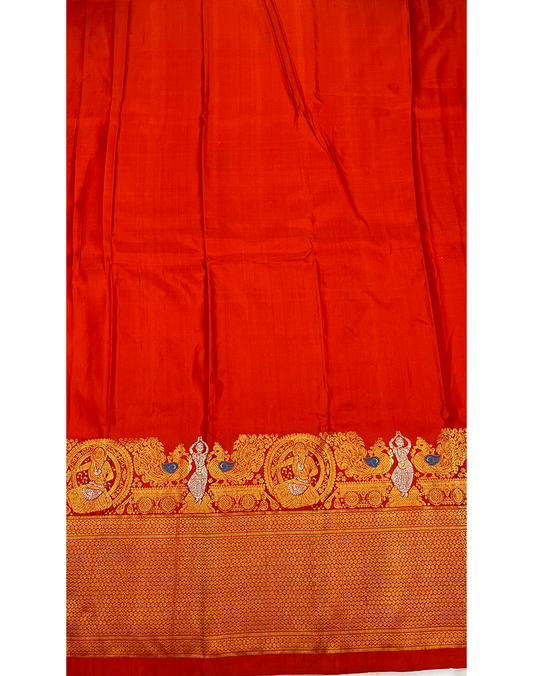 Orange Handwoven Gadwal Silk Saree with Self-Color Border
