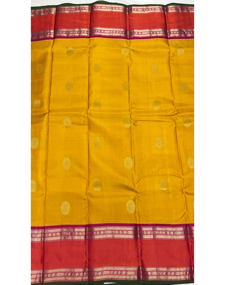 Mustard Yellow Kanchipuram Silk Saree with Contrast Orange and Pink Border
