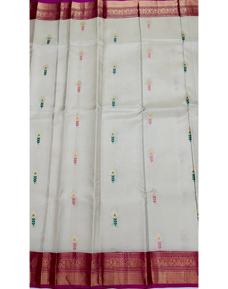 Off-White Kanchipuram Silk Saree with Contrast Dark Pink Border